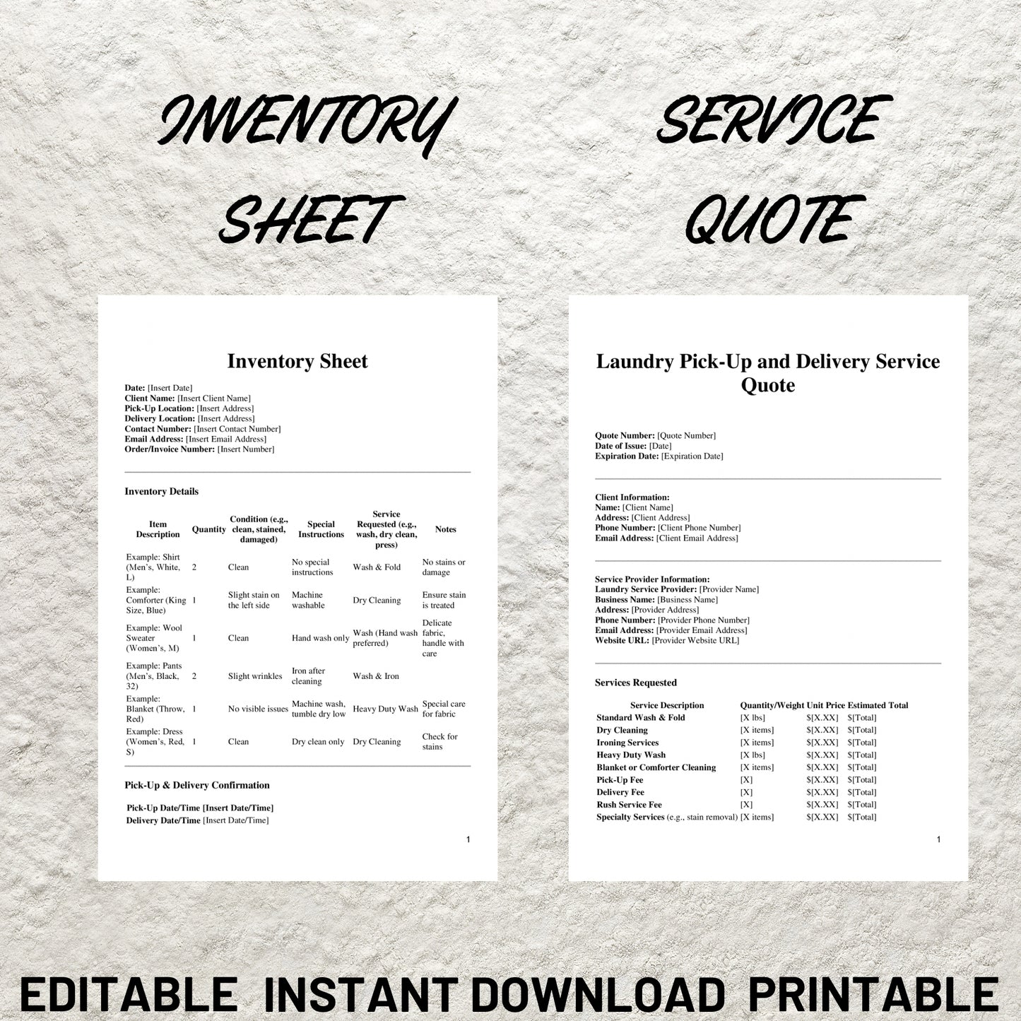 Editable Laundry Pick Up & Delivery Services Forms Template Bundle Pick Up and Delivery Laundry Service Pricing Quote Linen Laundry Business