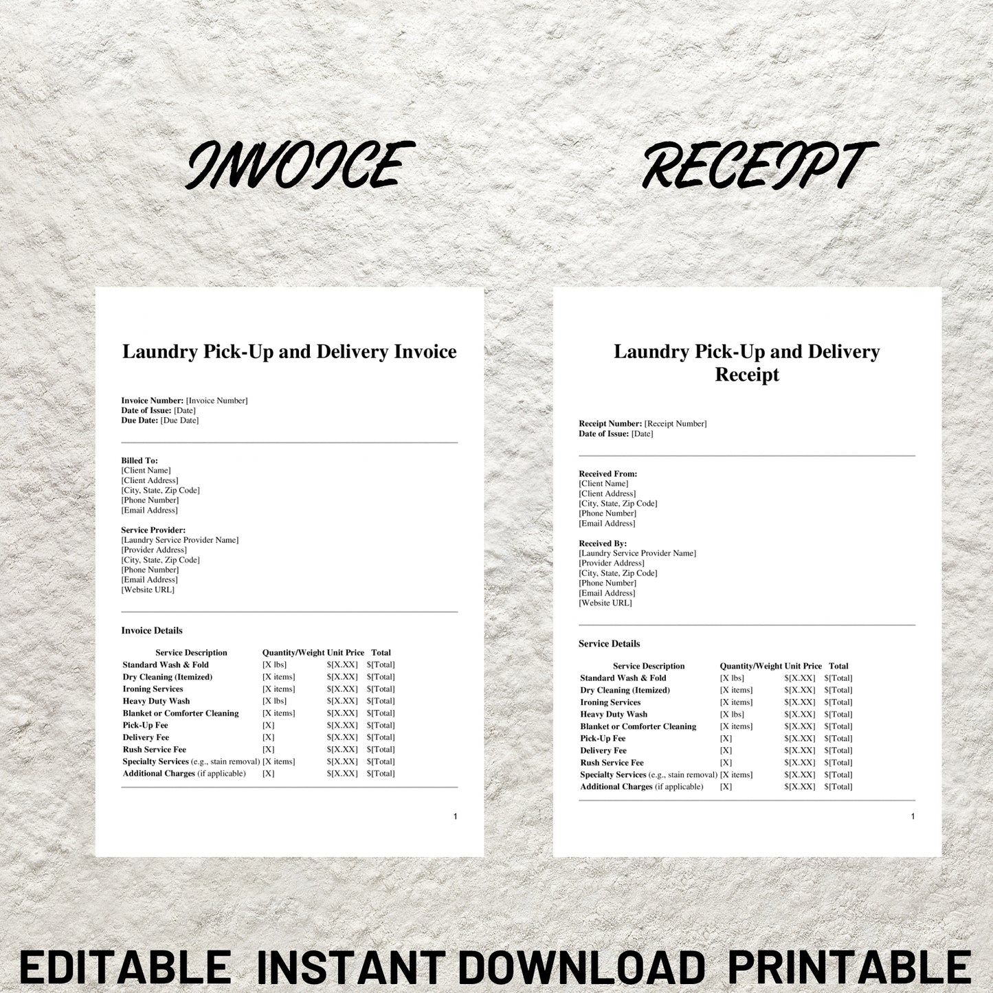 Editable Laundry Pick Up & Delivery Services Forms Template Bundle Pick Up and Delivery Laundry Service Pricing Quote Linen Laundry Business