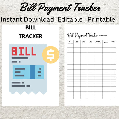 Editable Monthly Bill Tracker Yearly Bill Tracker Printable Monthly Bill Payment Checklist Log Finance Bill Planner Bill Pay Organizer