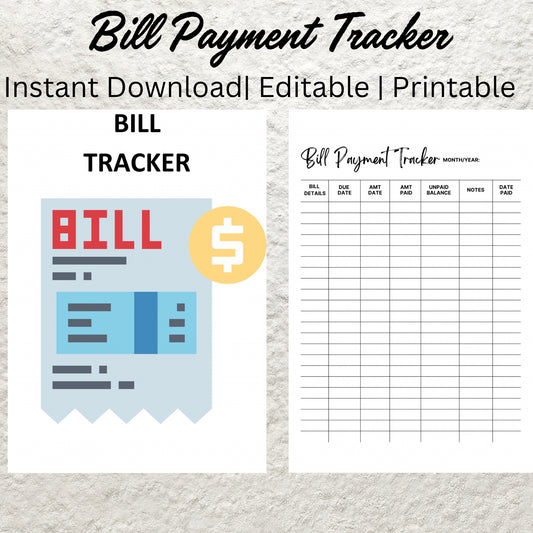 Editable Monthly Bill Tracker Yearly Bill Tracker Printable Monthly Bill Payment Checklist Log Finance Bill Planner Bill Pay Organizer