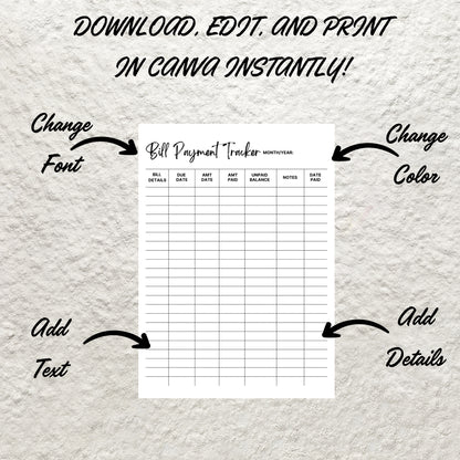 Editable Monthly Bill Tracker Yearly Bill Tracker Printable Monthly Bill Payment Checklist Log Finance Bill Planner Bill Pay Organizer