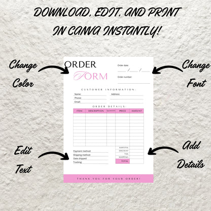 Editable Order Form Template Custom Order Form Small Business Purchase Order Form Craft Order Form Template Printable Instant Download