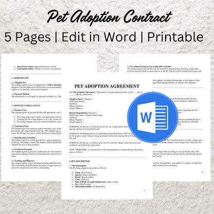 Editable Pet Adoption Contract Template Printable Puppy Adoption Agreement Cat Adoption Contract Dog Adoption Agreement Animal Rescue Form