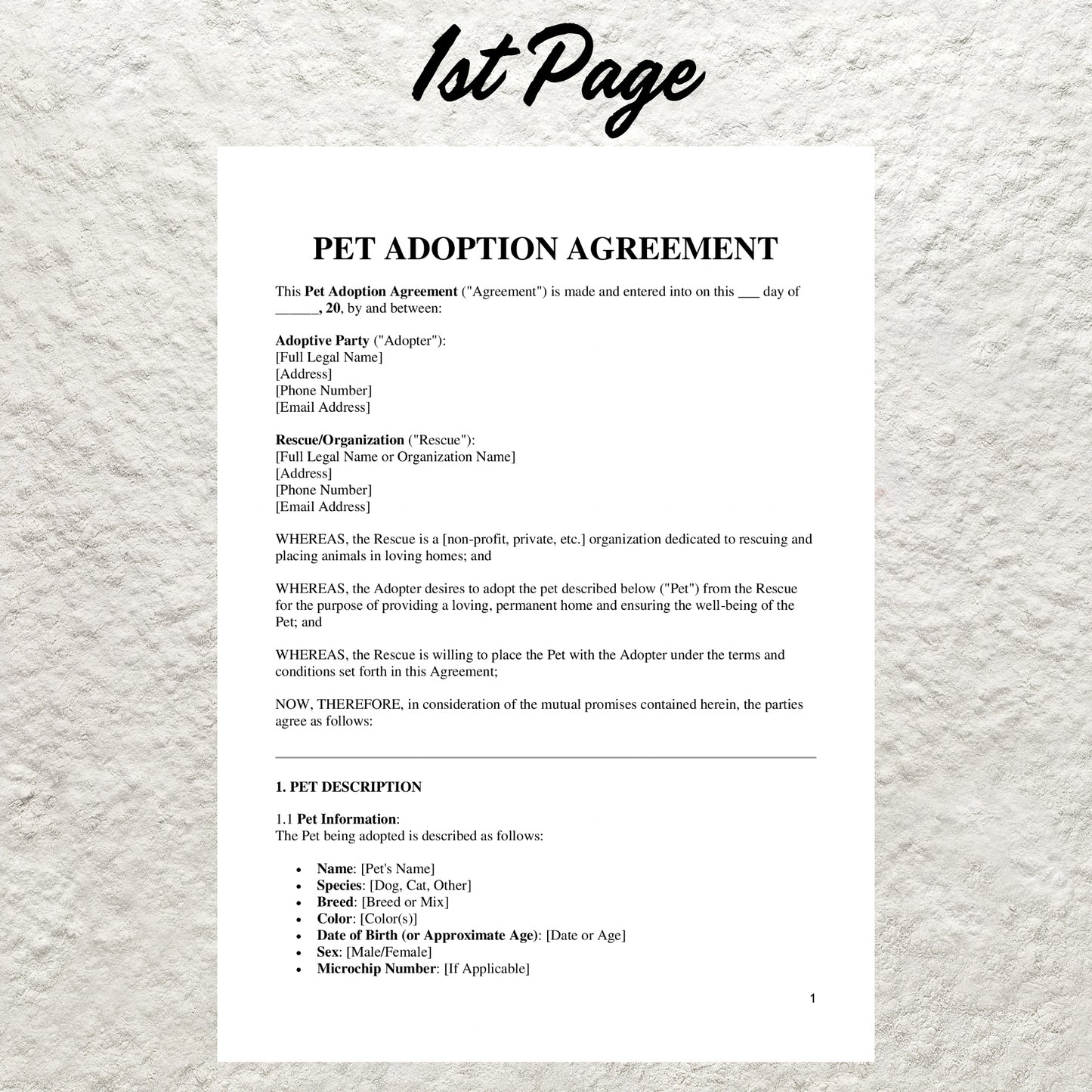 Editable Pet Adoption Contract Template Printable Puppy Adoption Agreement Cat Adoption Contract Dog Adoption Agreement Animal Rescue Form