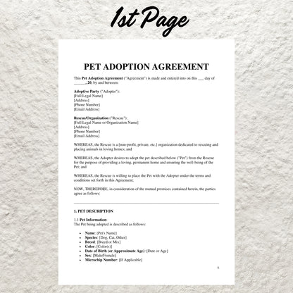 Editable Pet Adoption Contract Template Printable Puppy Adoption Agreement Cat Adoption Contract Dog Adoption Agreement Animal Rescue Form