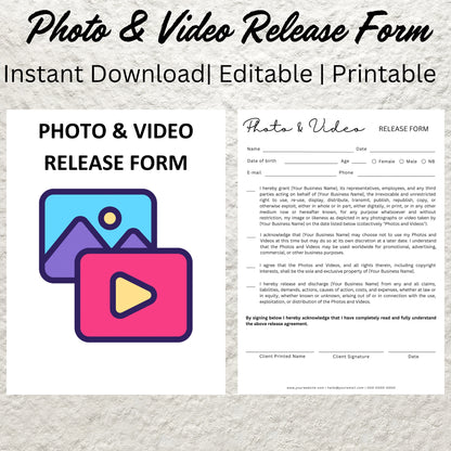 Editable Photo and Video Release Content Form Template Printable Salon Esthetician Makeup Business Photo and Release Form Contract Template