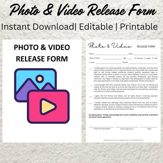 Editable Photo and Video Release Content Form Template Printable Salon Esthetician Makeup Business Photo and Release Form Contract Template