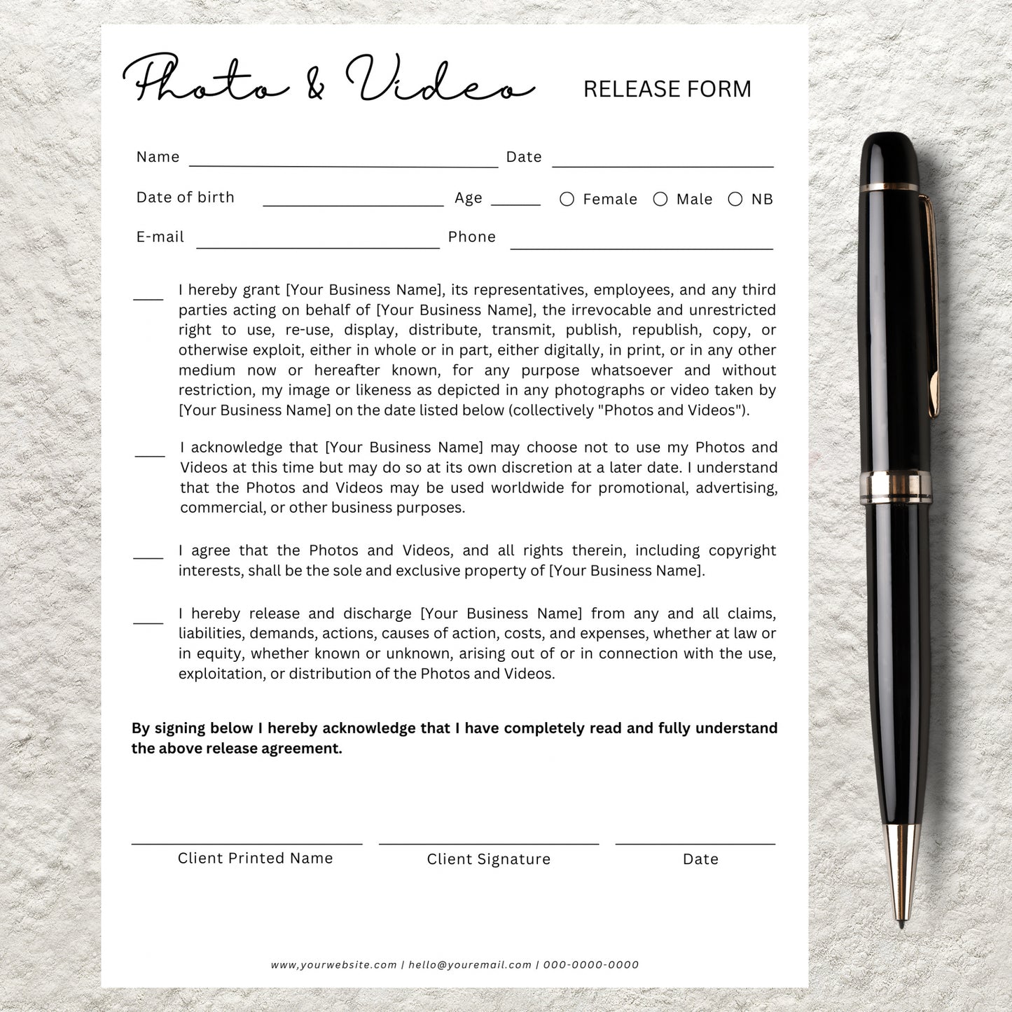 Editable Photo and Video Release Content Form Template Printable Salon Esthetician Makeup Business Photo and Release Form Contract Template