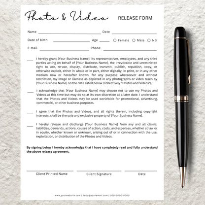 Editable Photo and Video Release Content Form Template Printable Salon Esthetician Makeup Business Photo and Release Form Contract Template