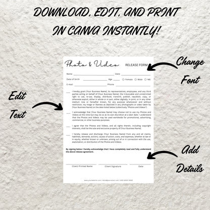 Editable Photo and Video Release Content Form Template Printable Salon Esthetician Makeup Business Photo and Release Form Contract Template