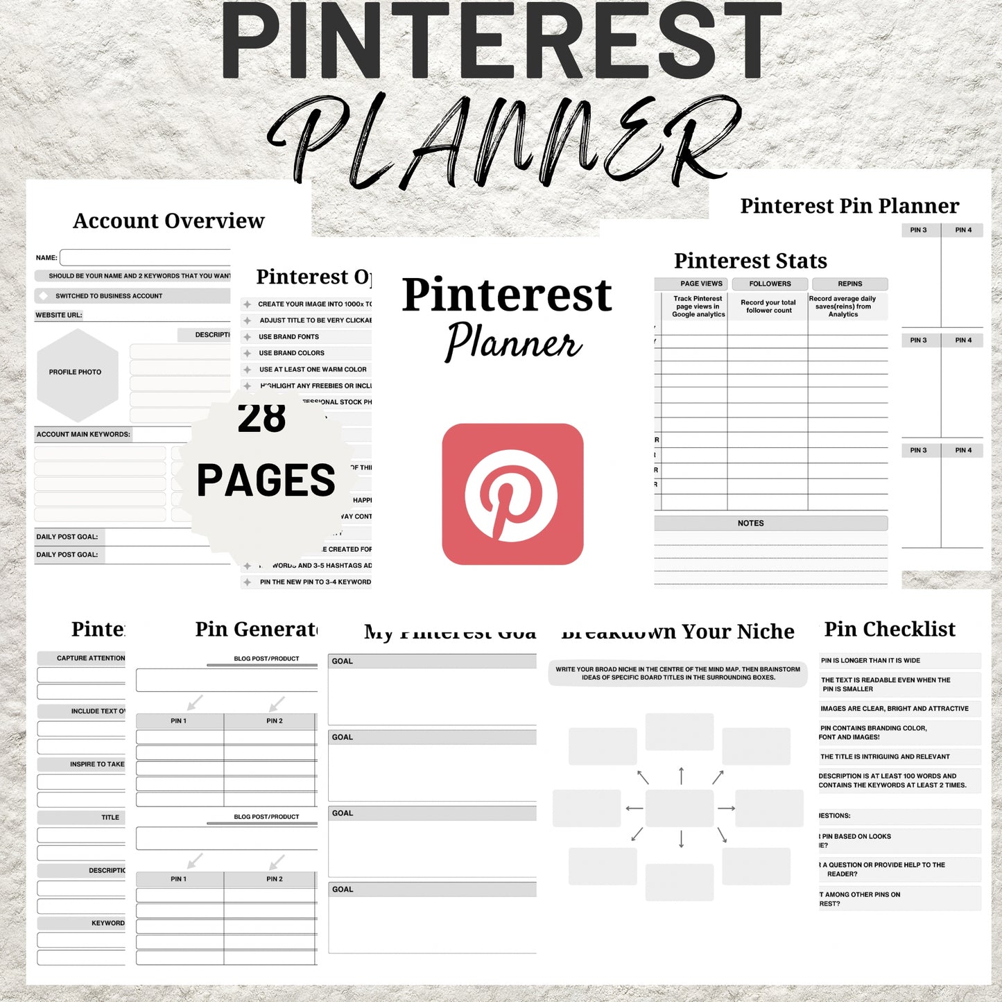 Editable Pinterest Content Planner Template Printable Digital Pinterest Marketing Promotion Strategy Workbook Social Media Content Planner