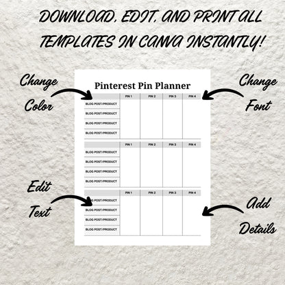 Editable Pinterest Content Planner Template Printable Digital Pinterest Marketing Promotion Strategy Workbook Social Media Content Planner