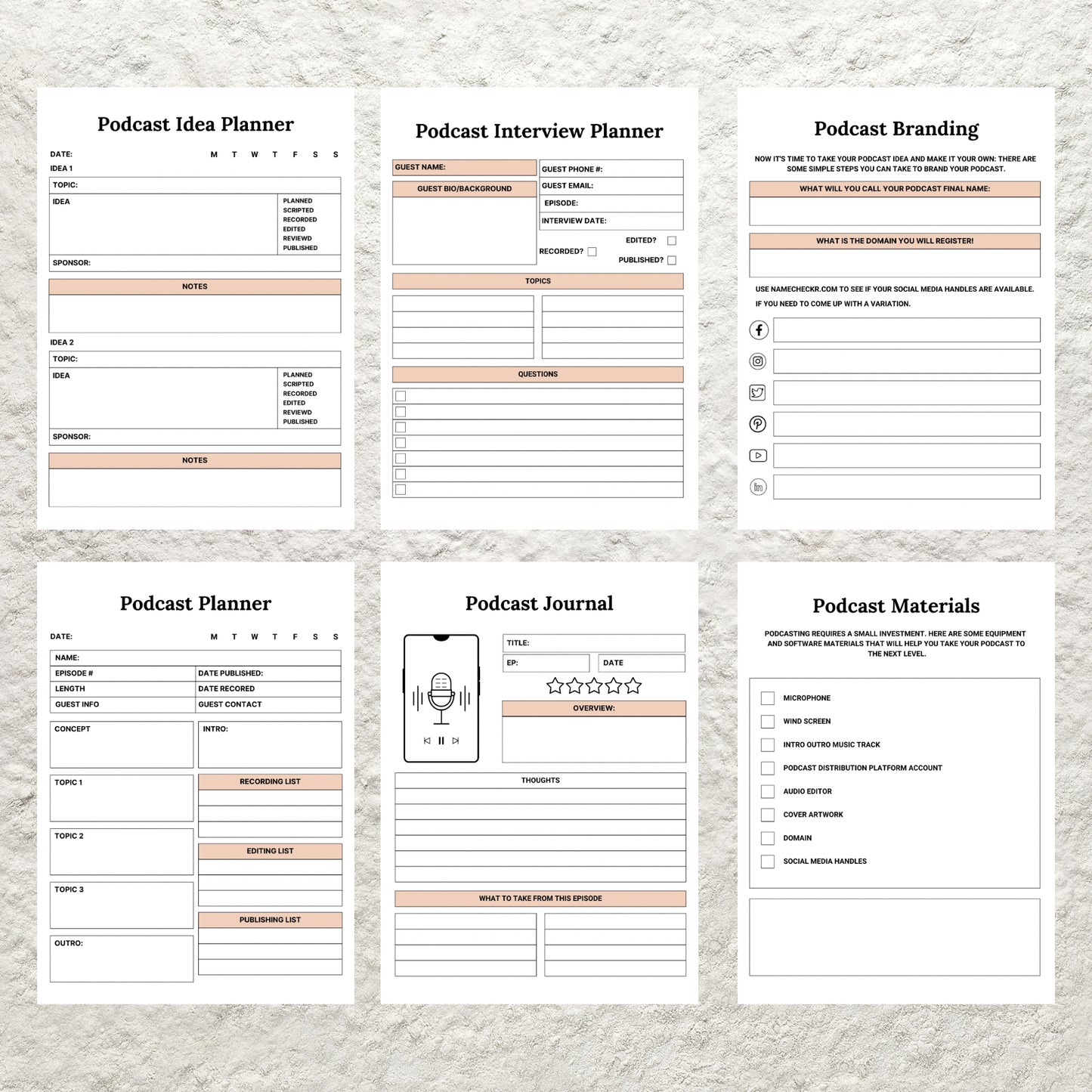 Editable Podcast Planner Template BUNDLE Pack Podcast Content Planning Calendar Worksheet Printable Podcast Checklist Interview Script