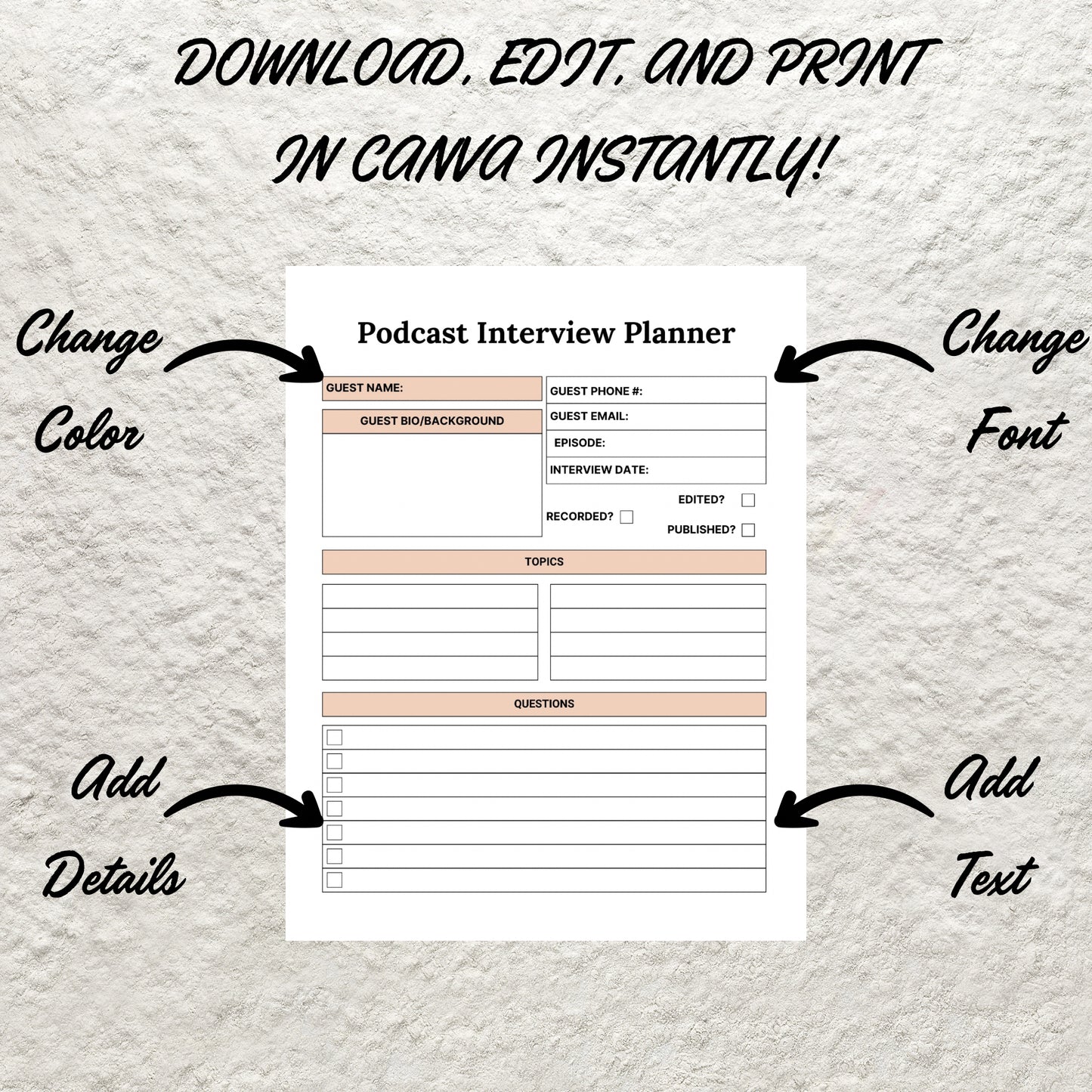 Editable Podcast Planner Template BUNDLE Pack Podcast Content Planning Calendar Worksheet Printable Podcast Checklist Interview Script