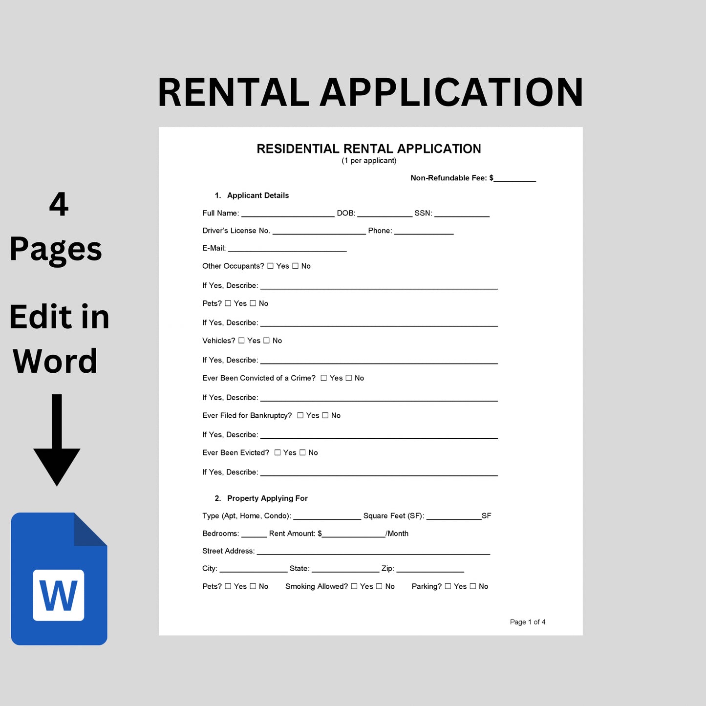 Editable Rental Property Application Form Landlord Rental Application Tenant Rental Application Lease Application Landlord Form Printable