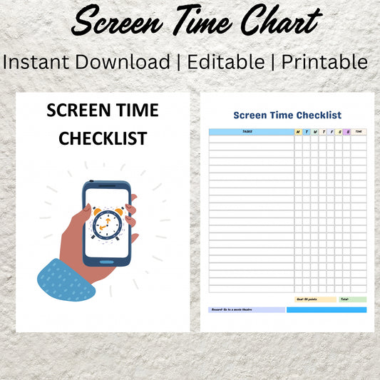 Editable Screen Time Checklist Template Printable Screen Time Chore Chart Daily Screen Time Schedule Screen Time Tracker Screen Time Chart