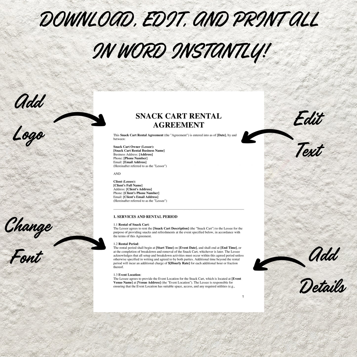 Editable Snack Cart Service Contract Template Printable Snack Cart Service Agreement Event Services Business Form Party Rental Contract