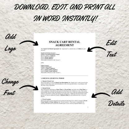 Editable Snack Cart Service Contract Template Printable Snack Cart Service Agreement Event Services Business Form Party Rental Contract