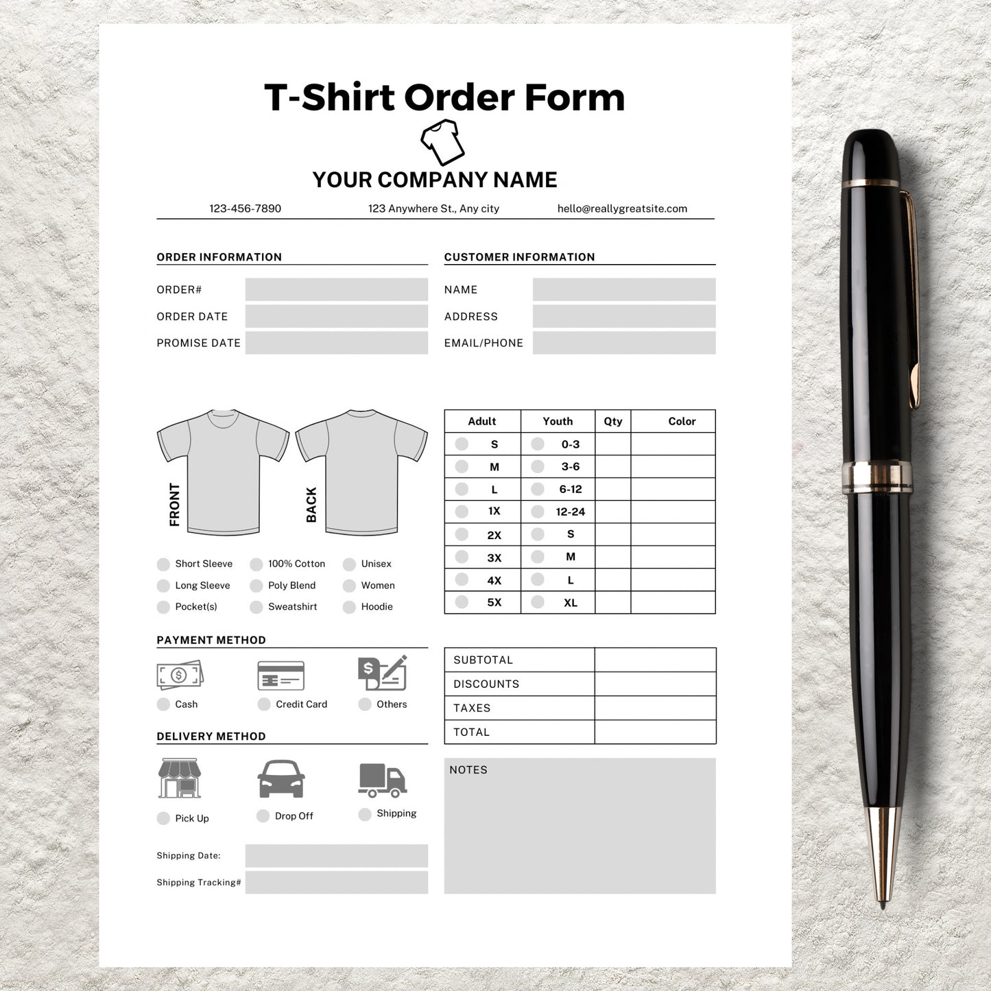 Editable T-Shirt Order Form Template Printable T Shirt Order Form Blank Custom Tshirt Purchase Order Form Tshirt invoice Small Business Form