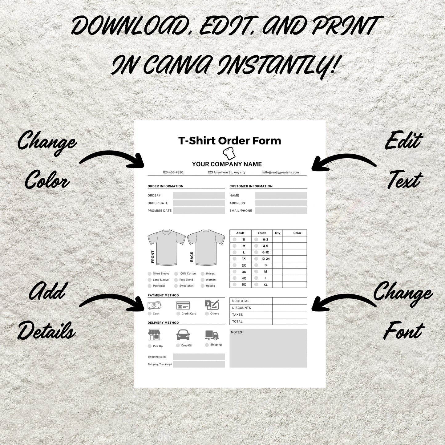 Editable T-Shirt Order Form Template Printable T Shirt Order Form Blank Custom Tshirt Purchase Order Form Tshirt invoice Small Business Form