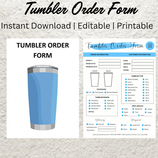 Editable Tumbler Order Form Template Printable Custom Tumbler Order Form Craft Cup Order Form Tumbler Work Order Sheet Purchase Order Form