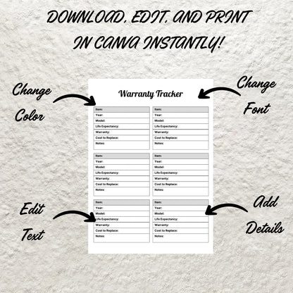 Editable Warranty Tracker Printable Warranty Tracker Log Household Planner Organizer Product Maintenance Repair Home Warranty Tracker