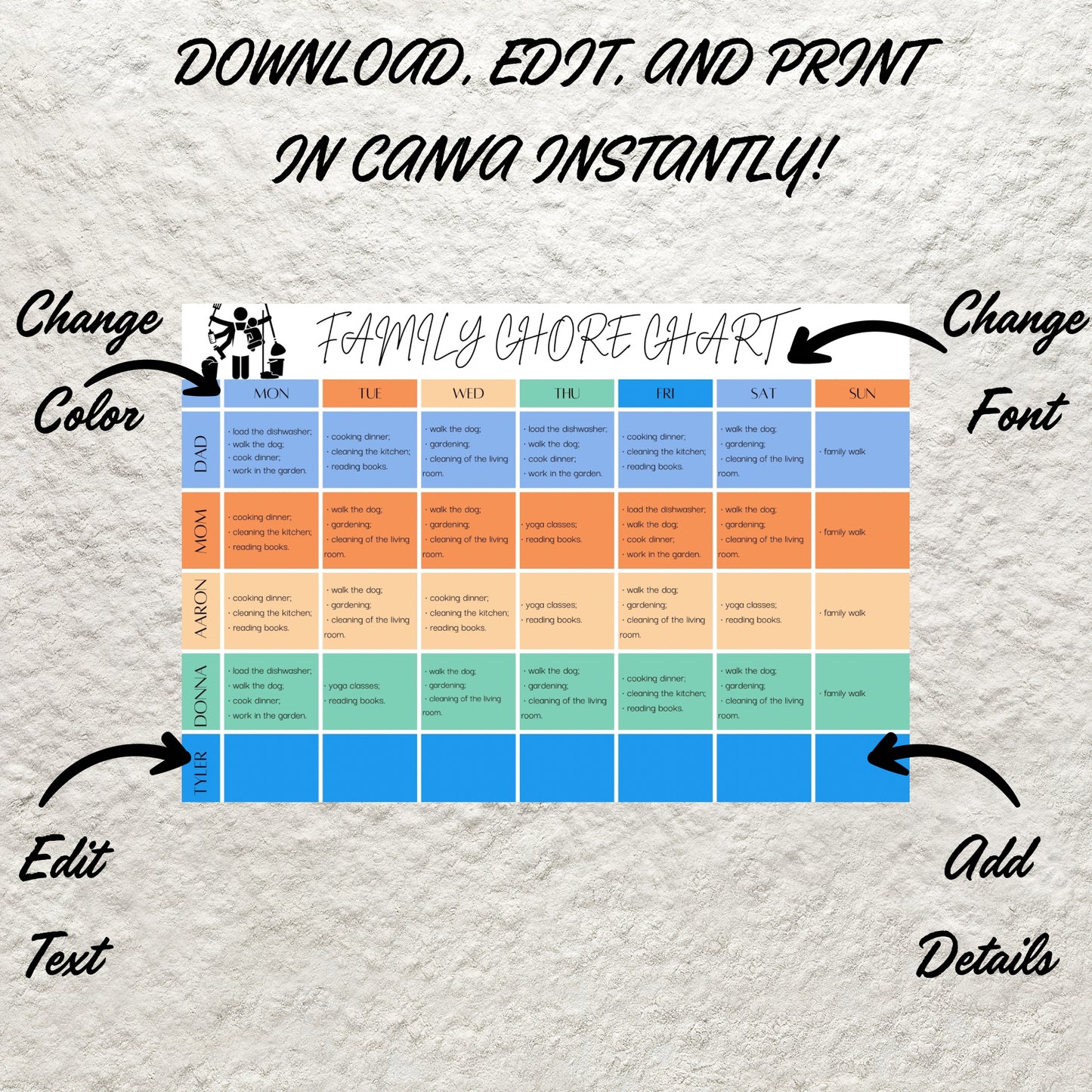 Editable Weekly Family Chore Chart Canva Template Printable Chore Chart List Kids Adult Family Household Cleaning Schedule Planner A4