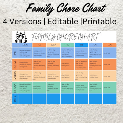 Editable Weekly Family Chore Chart Canva Template Printable Chore Chart List Kids Adult Family Household Cleaning Schedule Planner A4