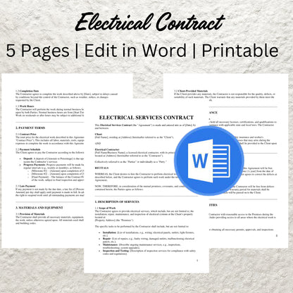 Electrical Contract Template Editable Electrical Service Agreement Form Printable Electrician Service Contract Electrical Contract Proposal