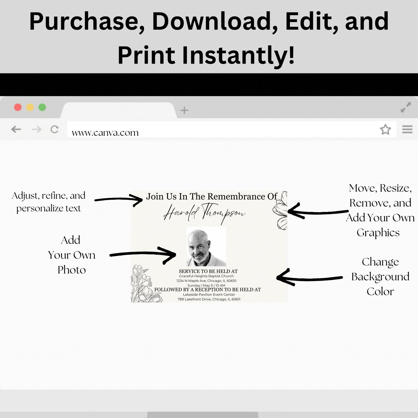 Electronic Funeral Announcement Evite Editable Funeral Invitation Template Celebration of Life In Loving Memory Memorial Service Invitation