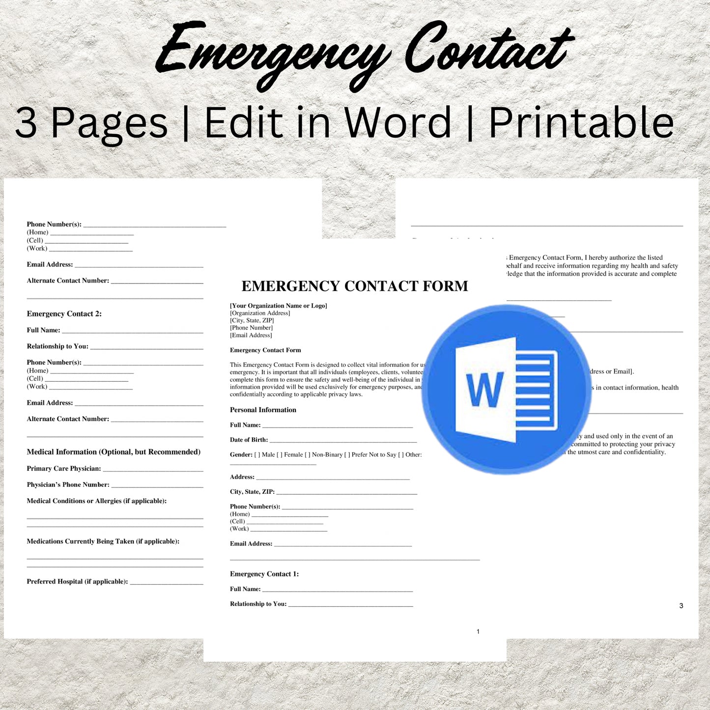 Emergency Information Sheet Editable Emergency Contact Form Printable Emergency Contact Information Form In Case of Emergency Contact Form