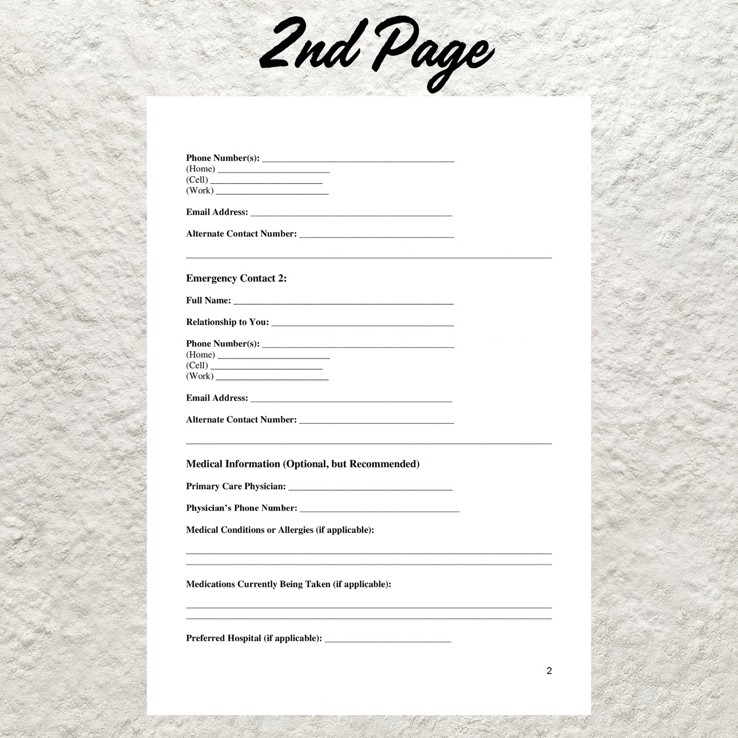 Emergency Information Sheet Editable Emergency Contact Form Printable Emergency Contact Information Form In Case of Emergency Contact Form