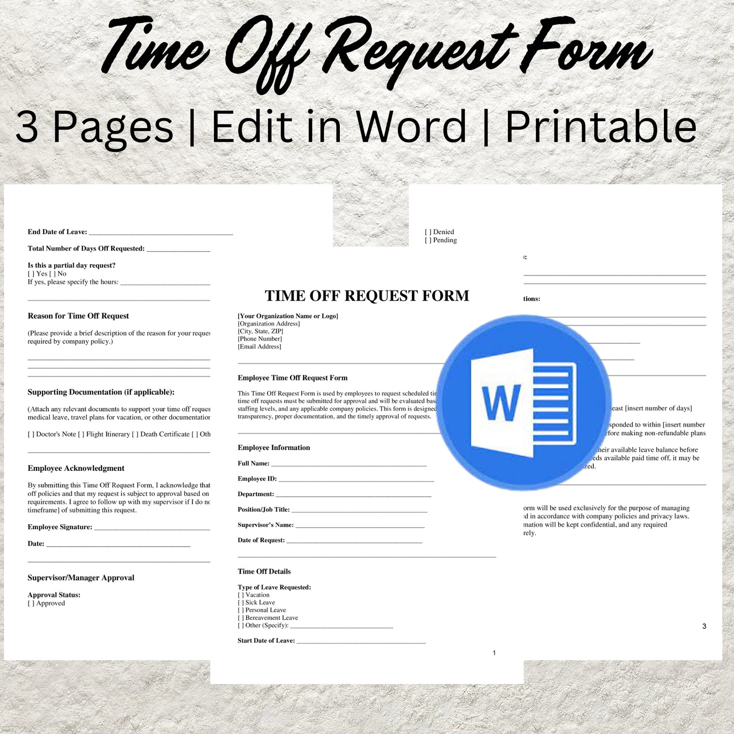 Employee Time Off Request Template Editable Vacation Request Form Printable PTO Request Template Employee Days Off & Leave Human Resource