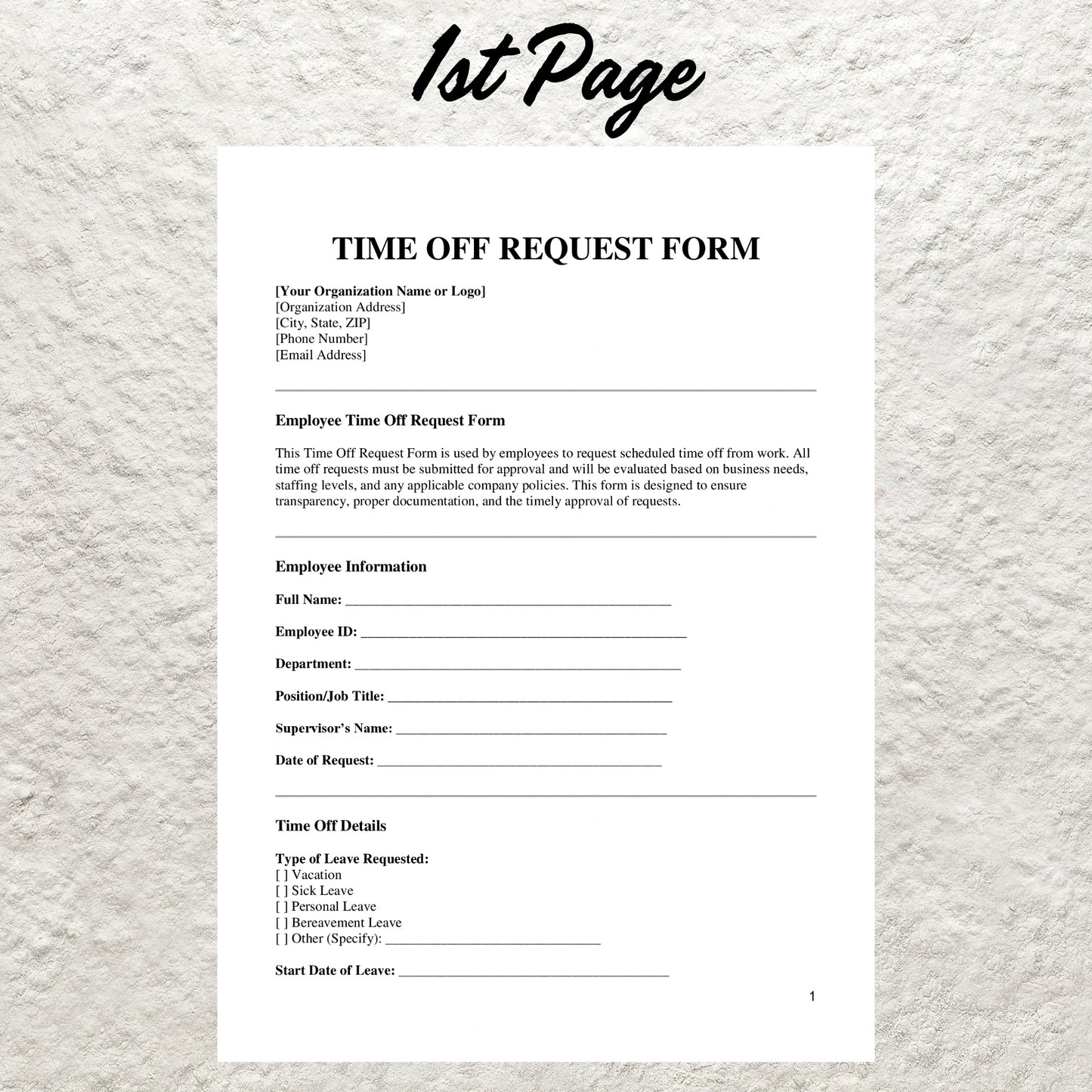 Employee Time Off Request Template Editable Vacation Request Form Printable PTO Request Template Employee Days Off & Leave Human Resource