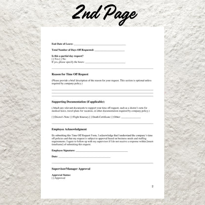 Employee Time Off Request Template Editable Vacation Request Form Printable PTO Request Template Employee Days Off & Leave Human Resource