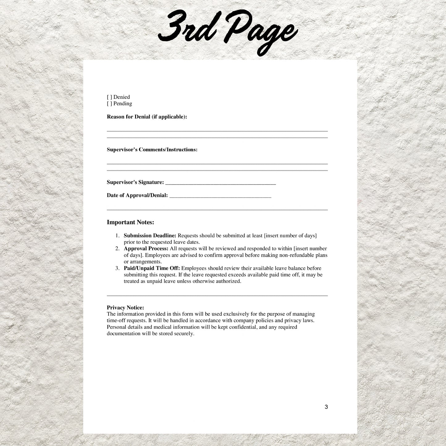 Employee Time Off Request Template Editable Vacation Request Form Printable PTO Request Template Employee Days Off & Leave Human Resource