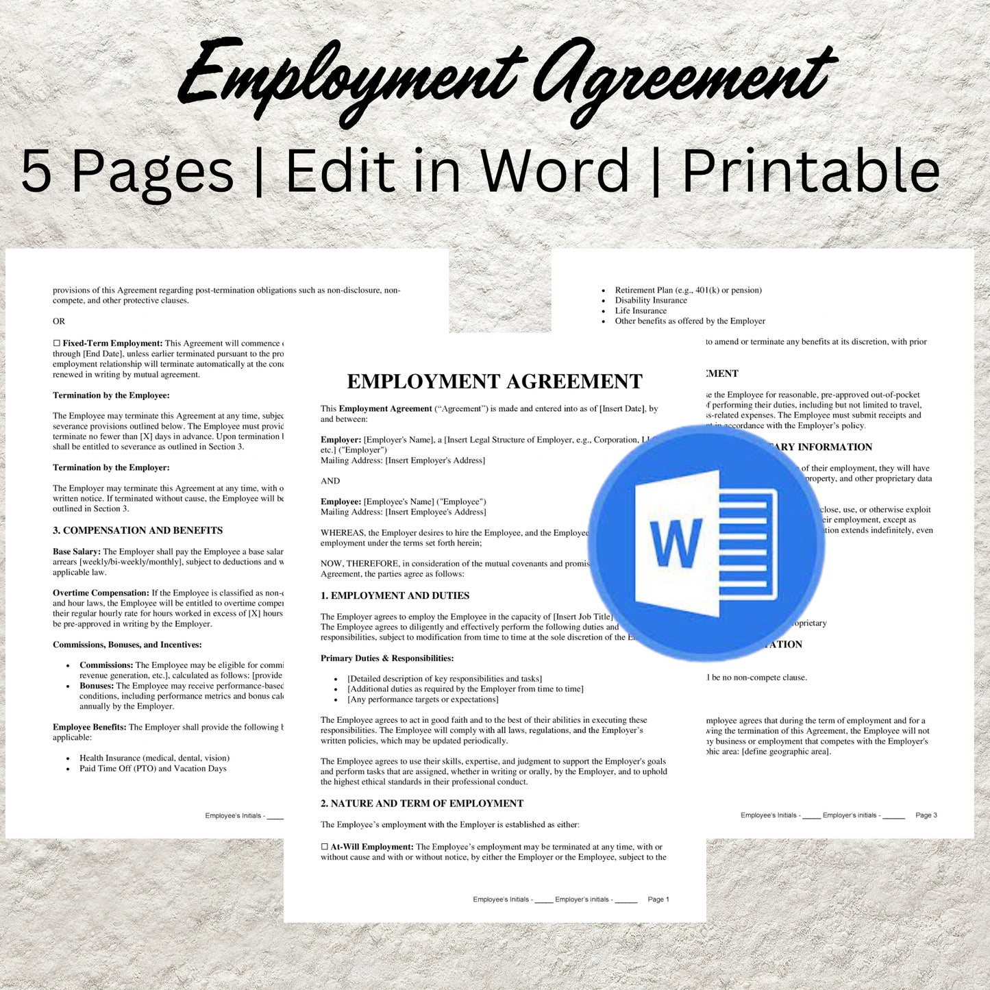 Employment Contract Template Printable Employment Agreement Printable Employee New Hire Form Employee Service Contract Employer Agreement