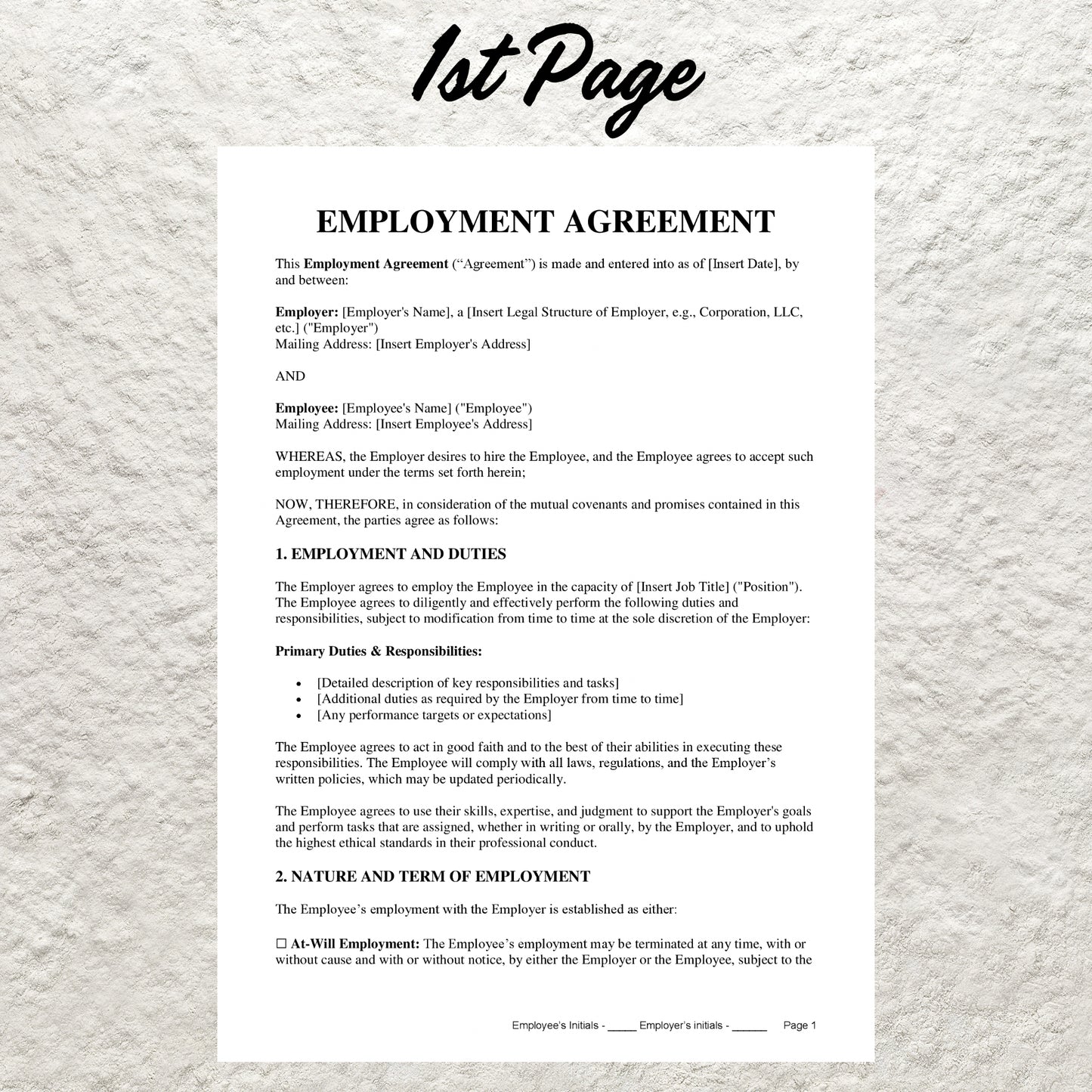 Employment Contract Template Printable Employment Agreement Printable Employee New Hire Form Employee Service Contract Employer Agreement