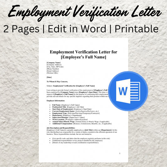 Employment Verification Letter Template Editable Job Verification Letter Printable Professional Employment Verification Letter HR Template