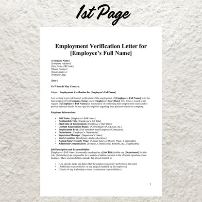 Employment Verification Letter Template Editable Job Verification Letter Printable Professional Employment Verification Letter HR Template