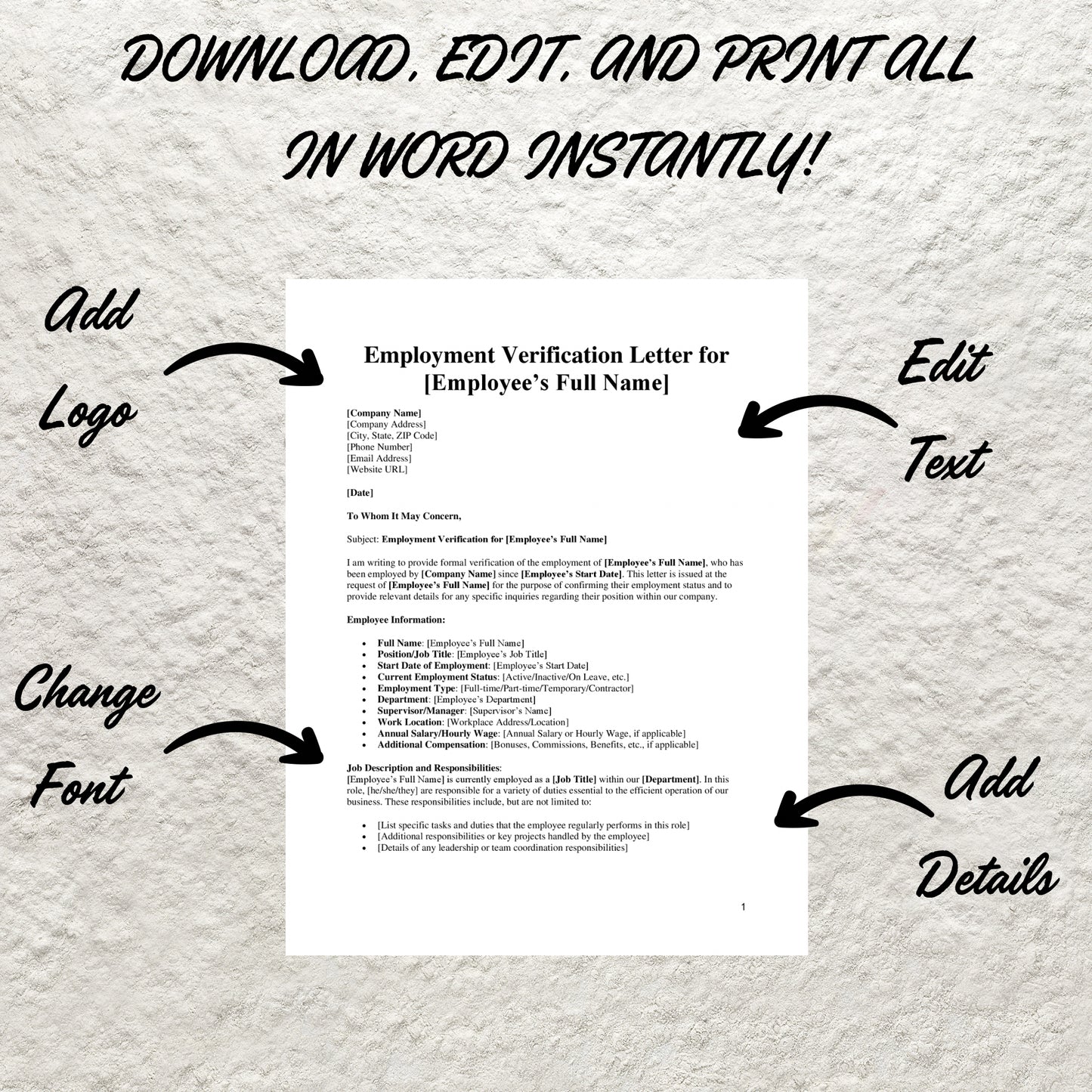 Employment Verification Letter Template Editable Job Verification Letter Printable Professional Employment Verification Letter HR Template