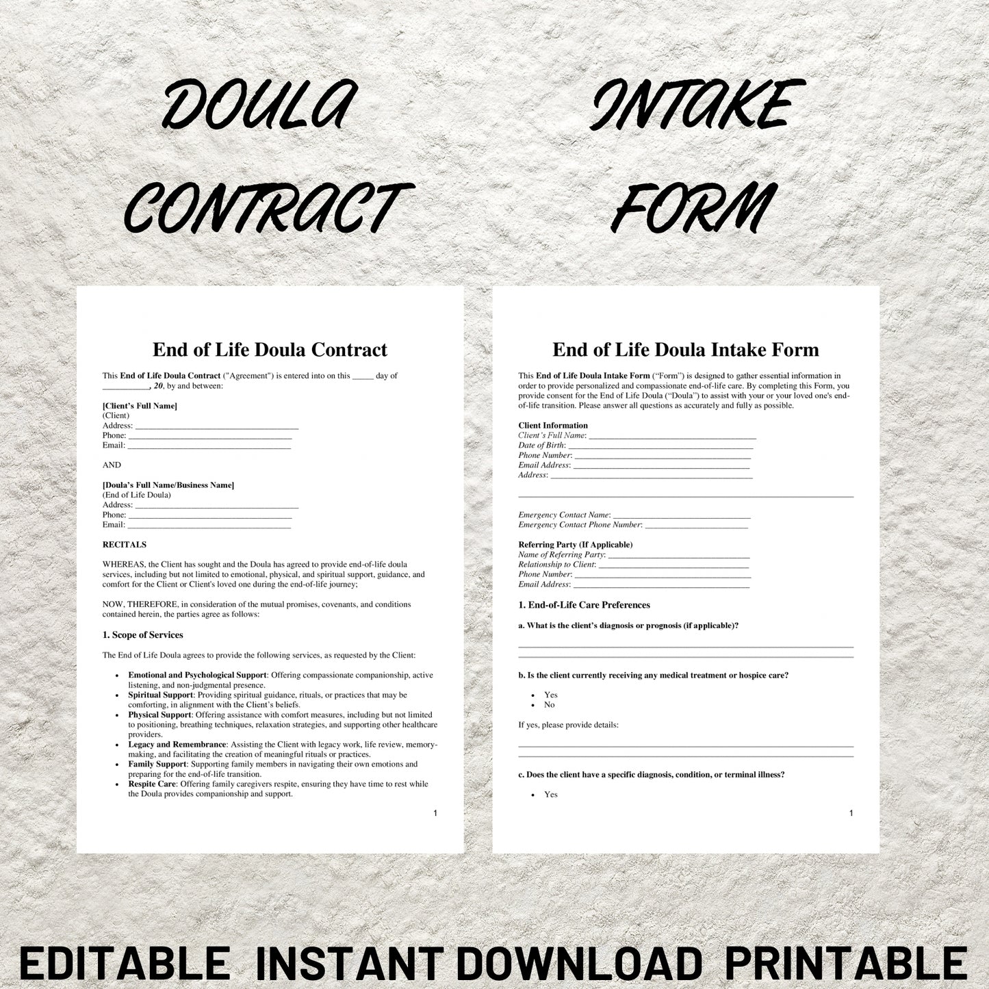 End of Life Doula Forms Bundle Editable End of Life Doula Contract Printable Intake Form End of Life Doula Paperwork Bundle Death Doula Form