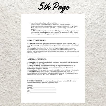 Esthetician Employment Contract Template Editable Esthetician Employment Agreement Form Printable Med Spa Business New Hire Employment Form