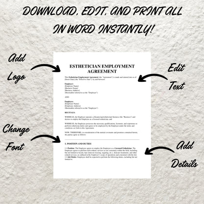 Esthetician Employment Contract Template Editable Esthetician Employment Agreement Form Printable Med Spa Business New Hire Employment Form