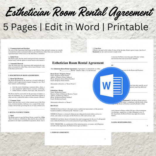 Esthetician Room Rental Contract Template Editable Esthetician Suite Rental Agreement Printable Beauty Room Suite Lease Agreement Form