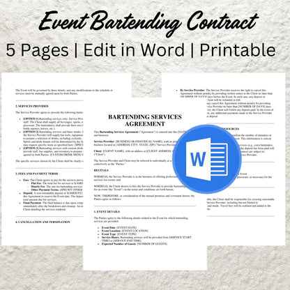 Event Bartender Service Contract Template Editable Mobile Bartender Agreement Printable Bartending Service Agreement Mobile Bartender Form