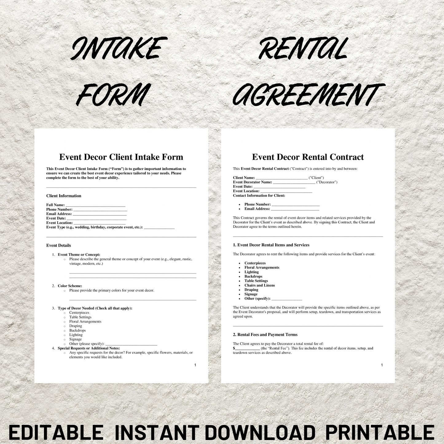 Event Decor Services Forms Bundle Editable Event Decor Rental Agreement Printable Event Decor Service Contract New Client Intake Form