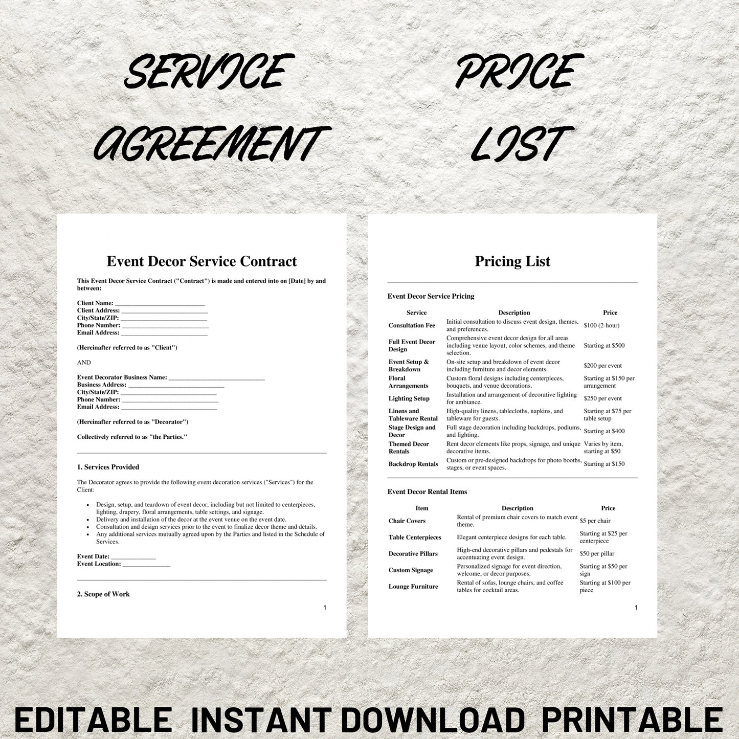 Event Decor Services Forms Bundle Editable Event Decor Rental Agreement Printable Event Decor Service Contract New Client Intake Form