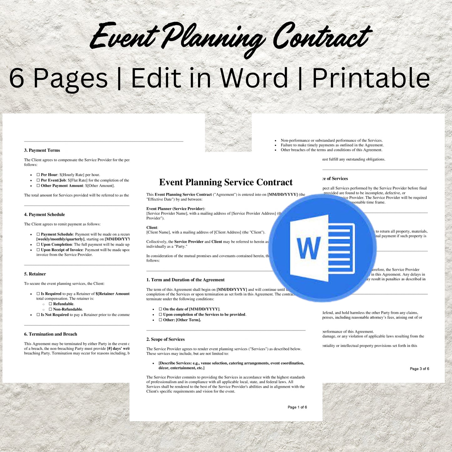 Event Planner Contract Template Editable Event Planning Service Agreement Printable Wedding Planning Service Contract Event Planner Client