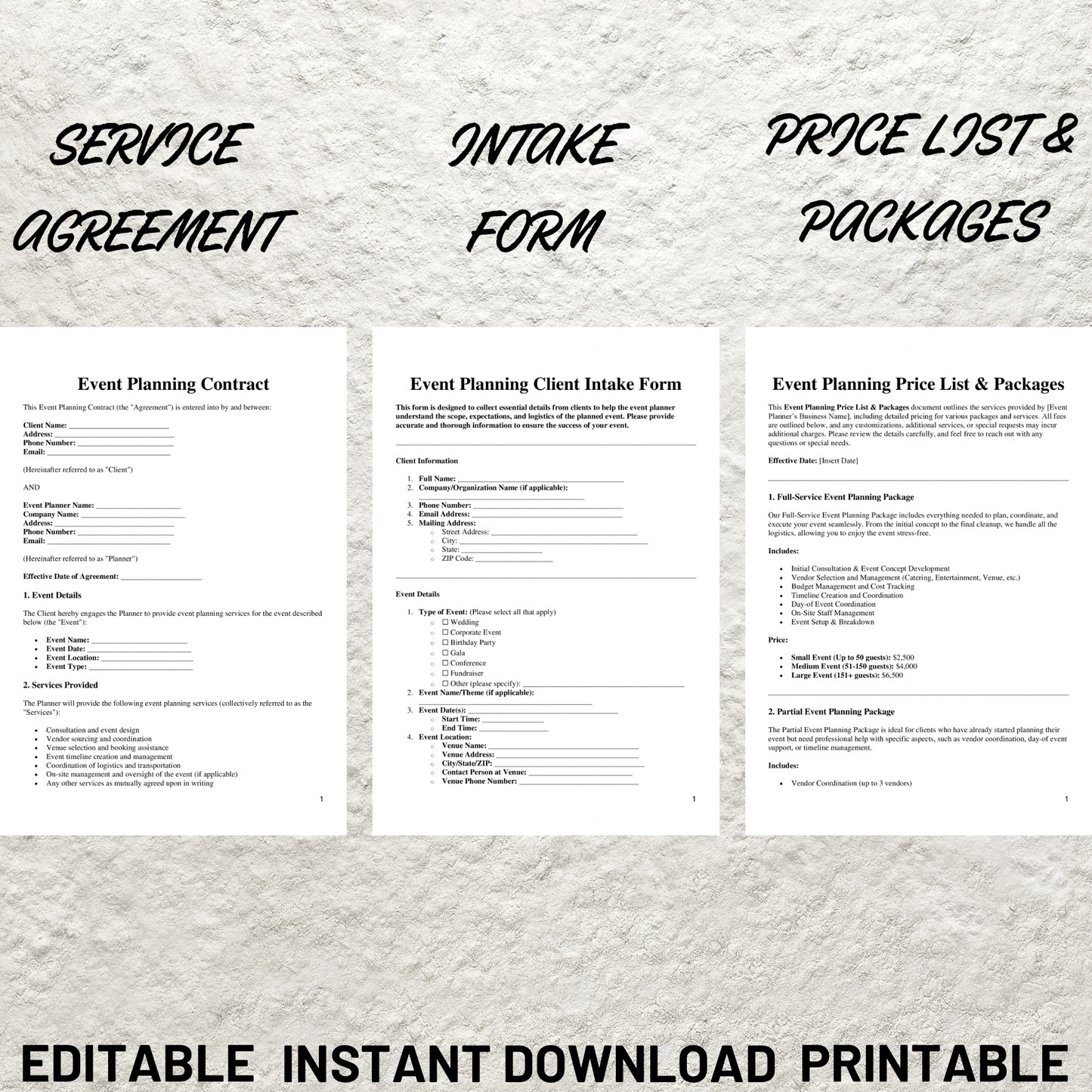 Event Planner Forms Bundle Editable Event Planner Service Agreement Printable Event Planning Client Intake Form Event Planning Contract